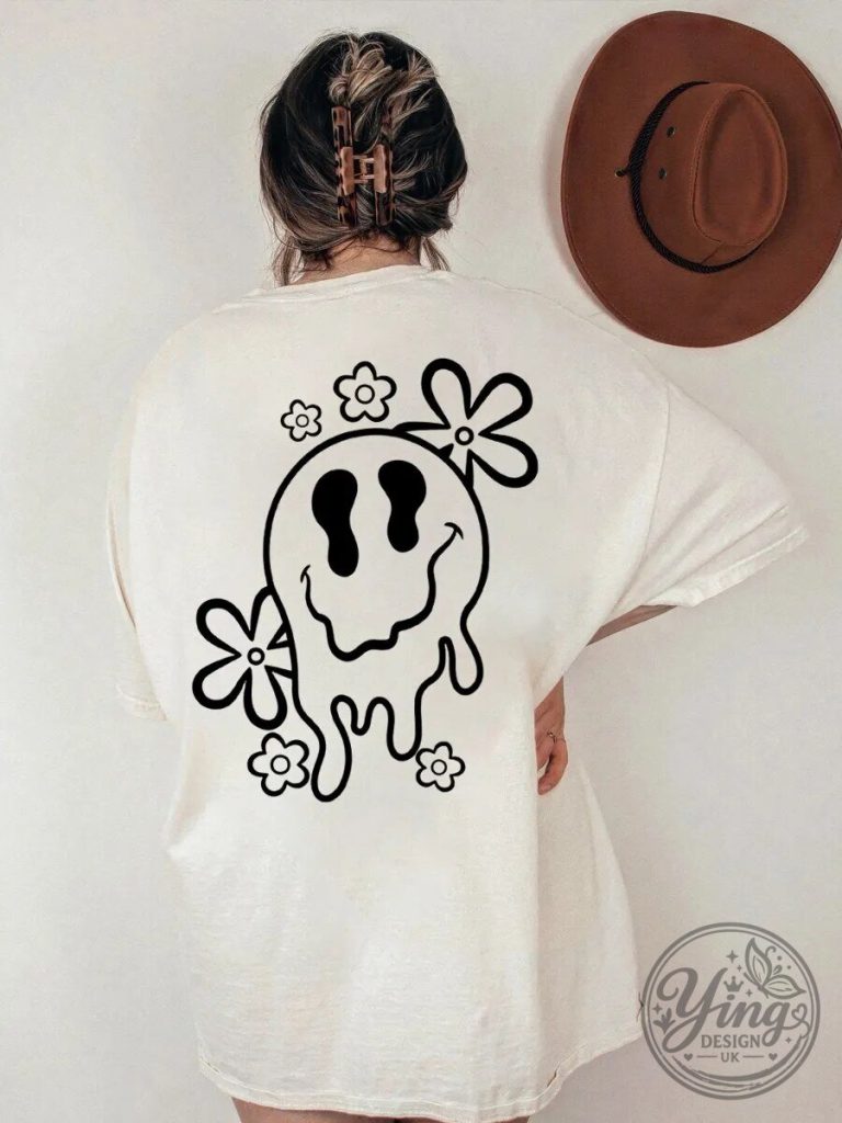 Drippy Smiley Face with Flowers Vintage Style Oversized T-Shirt