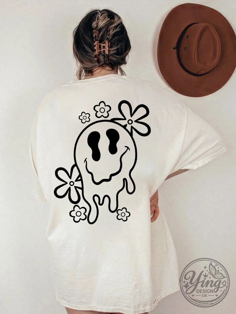 Drippy Smiley Face with Flowers Vintage Style Oversized T-Shirt