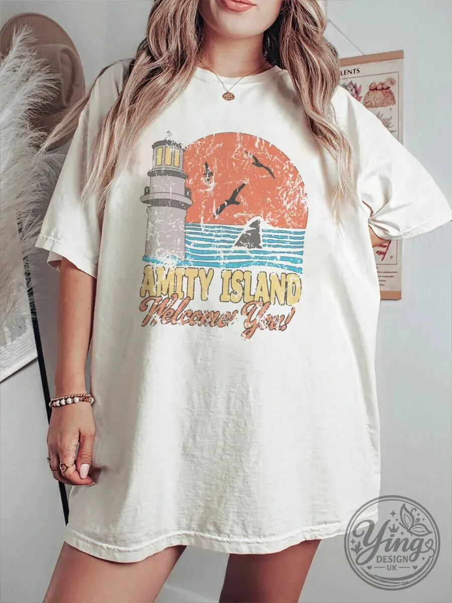 Vintage Amity Island Welcome You Lighthouse Shark Retro Graphic T-Shirt 1 Vintage Amity Island Welcome You Lighthouse Shark Retro Graphic T-Shirt
