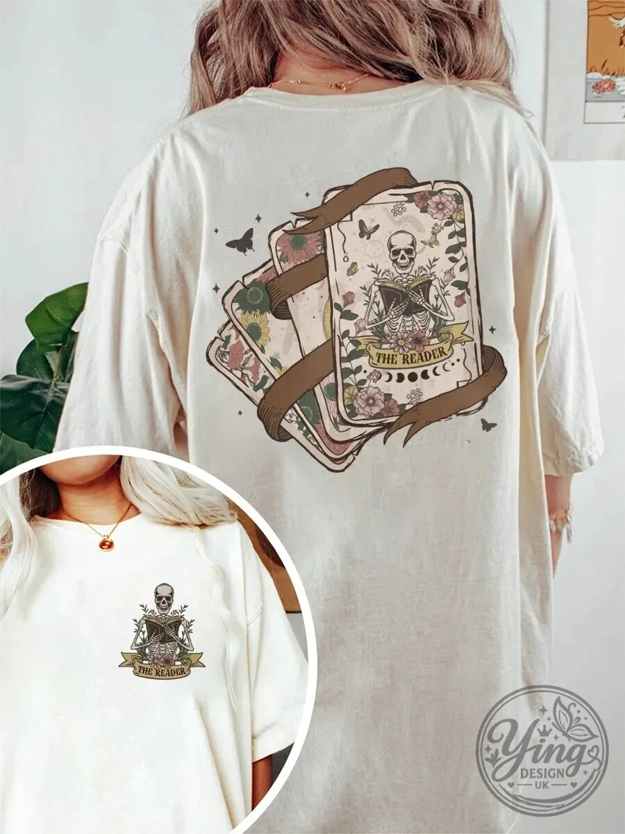 The Reader Tarot Card Skeleton Reading Floral Design Oversized T-Shirt