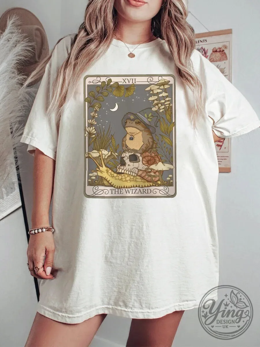 The Wizard Tarot Card Frog and Snail Cottagecore Aesthetic Oversized T-Shirt