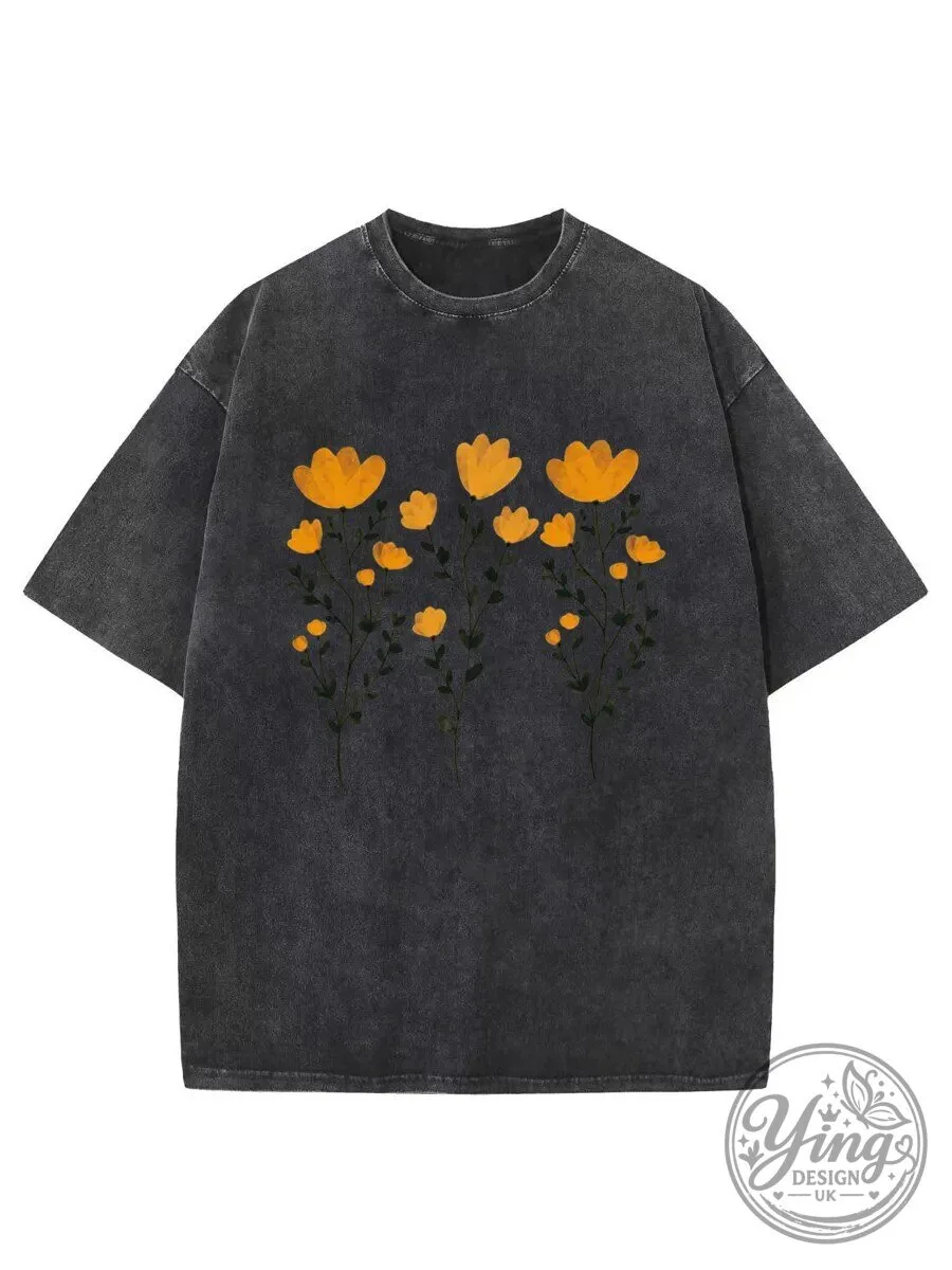 Vintage Yellow Flowers And Stems Washed Cotton T-Shirt