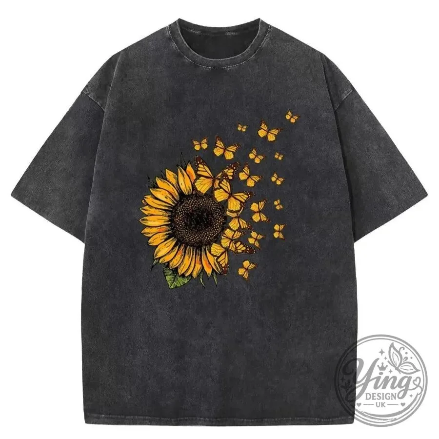 Vintage Sunflower and Butterfly Graphic Washed T-Shirt