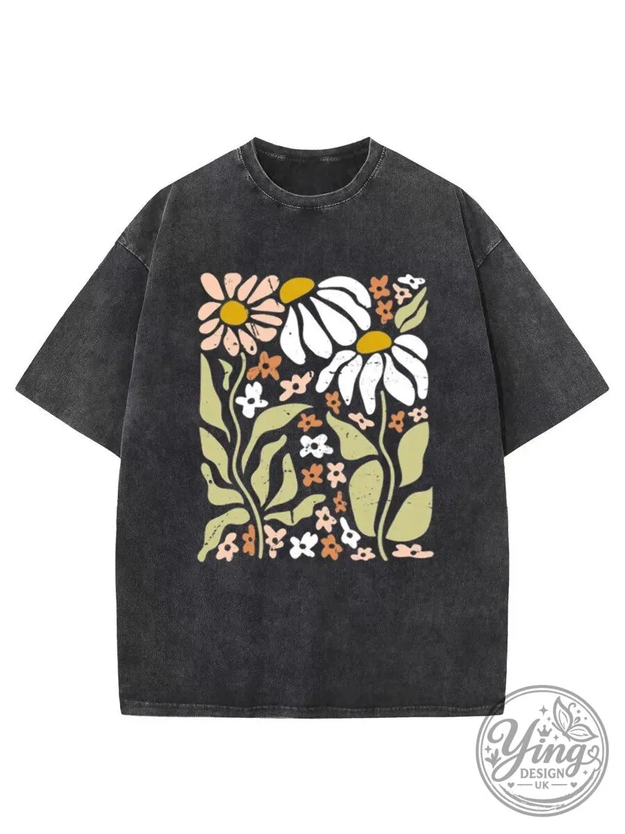 Vintage Wildflowers Floral Washed Graphic T-Shirt for Women
