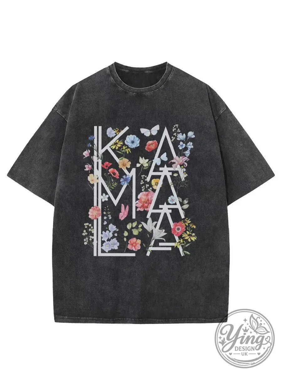 Kamala Harris Vintage Floral Butterfly Design Washed Black T-Shirt