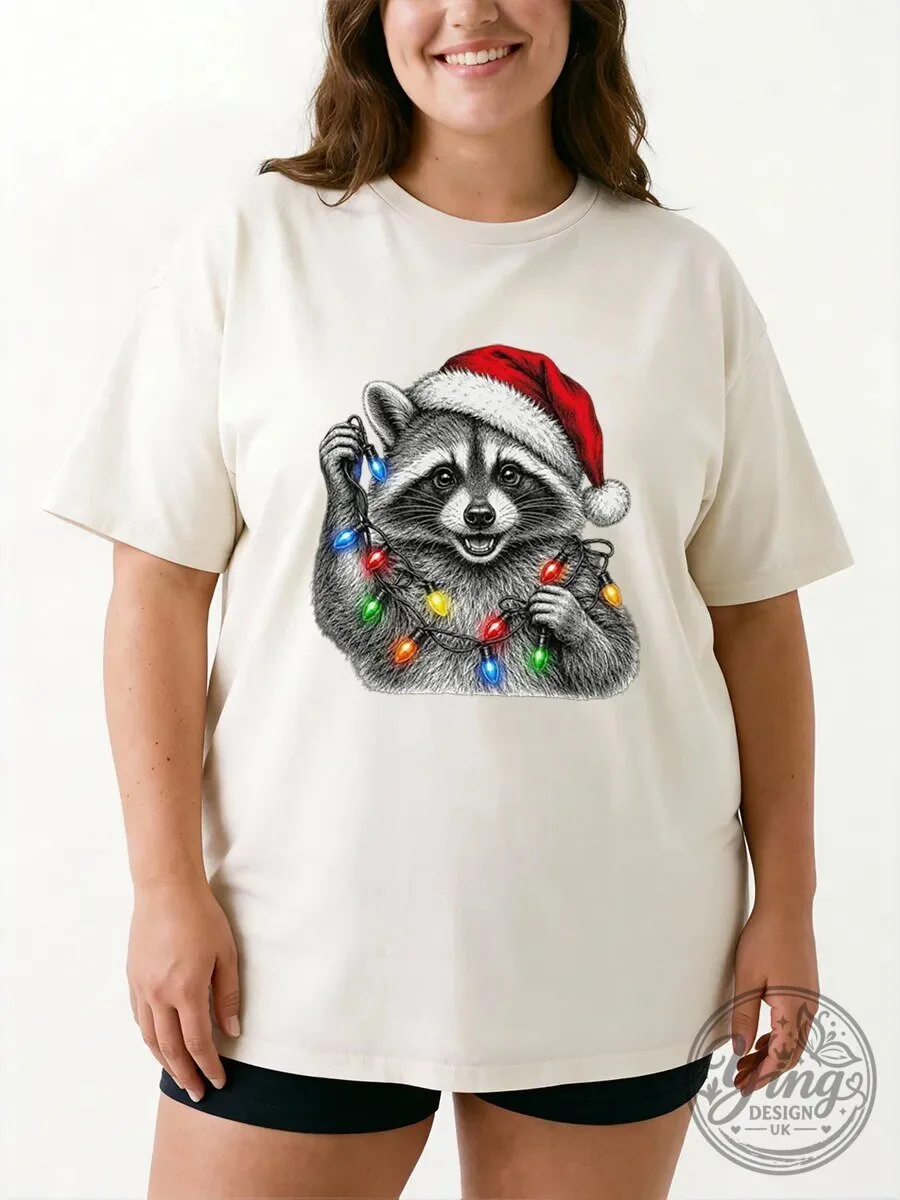 Vintage Hand Drawn Christmas Raccoon Wearing Santa Hat and Lights T-Shirt