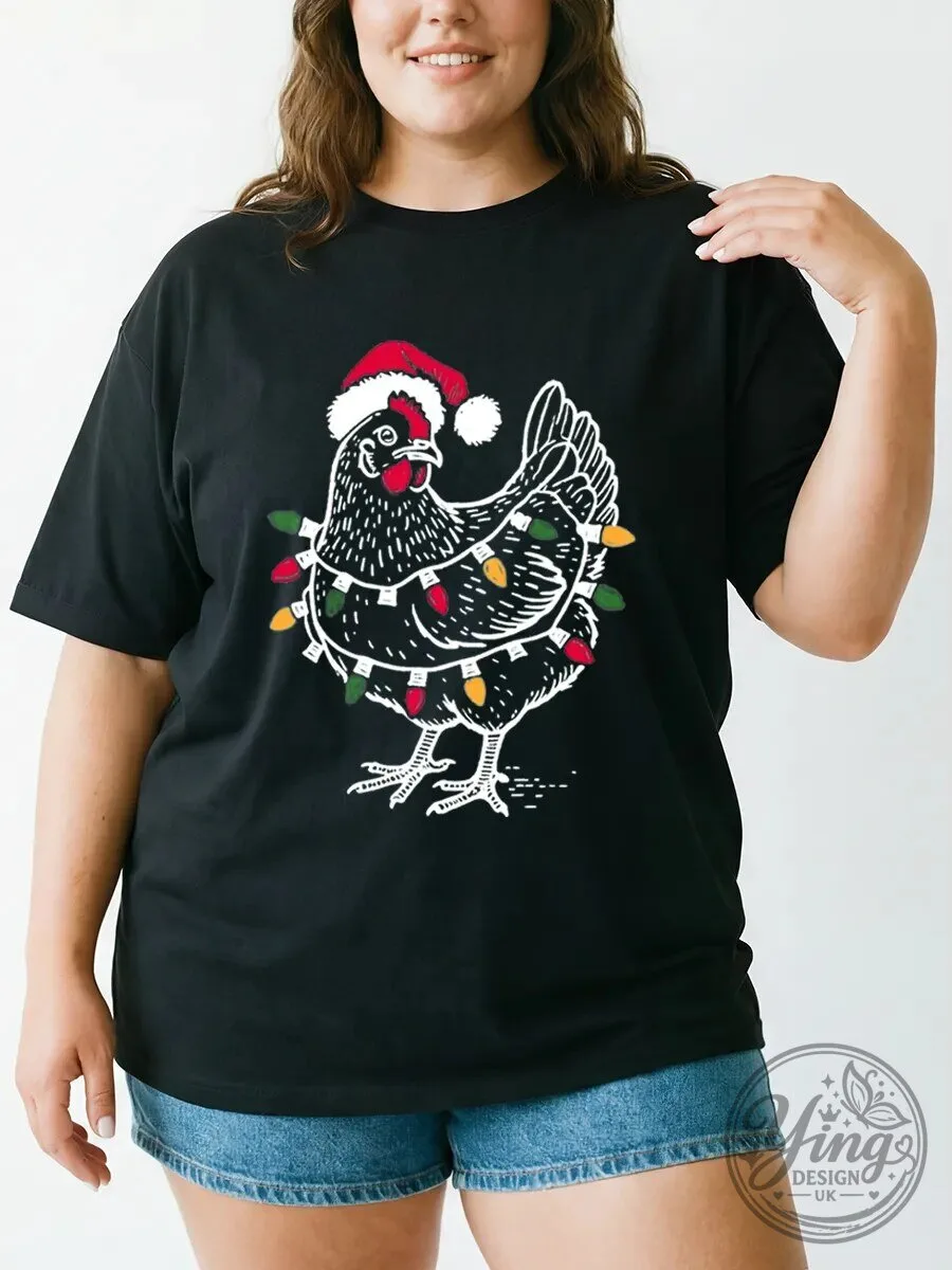 Festive Christmas Chicken with Santa Hat and Lights Holiday T-Shirt
