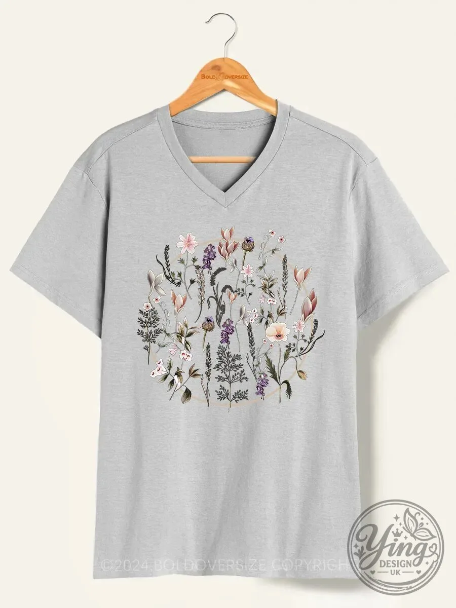 Vintage Wildflower Botanical Garden V-Neck T-Shirt for Women