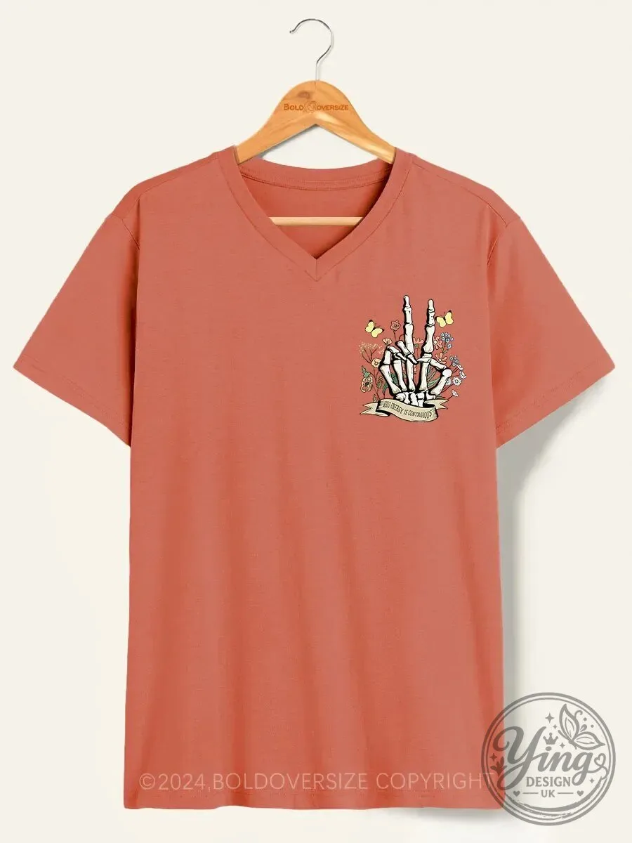 Good Energy Is Contagious Skeleton Hand V-Neck T-Shirt
