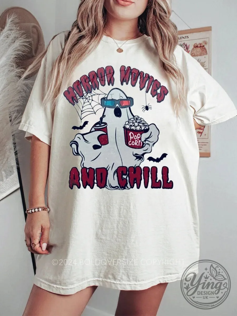 Horror Movies And Chill Ghost Popcorn Halloween Spooky Season T-Shirt